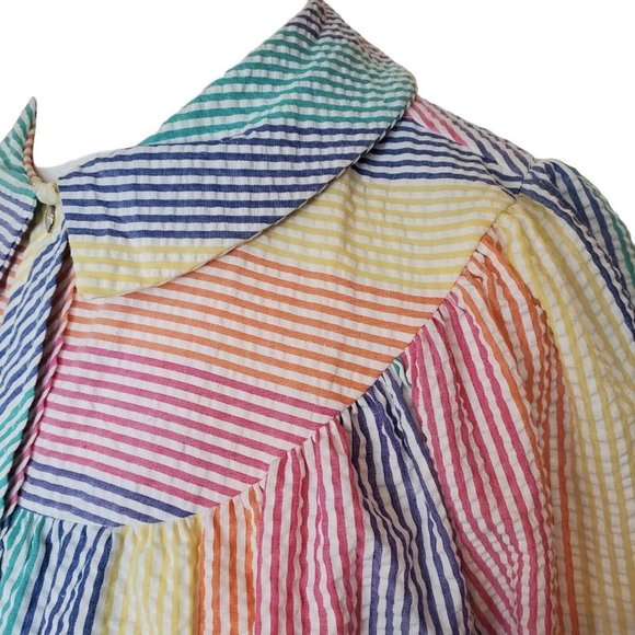 Vintage Rainbow Striped Housecoat Robe Thin Pearl Snap Long Duster Textured S/M - Picture 4 of 12
